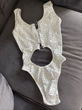 White Iridescent Rhinestone One-Piece Swim/Leotard